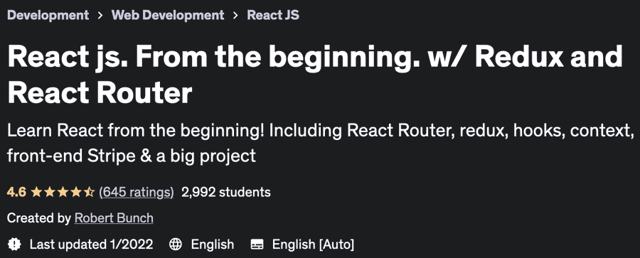 React js.  From the beginning.  w/ Redux and React Router