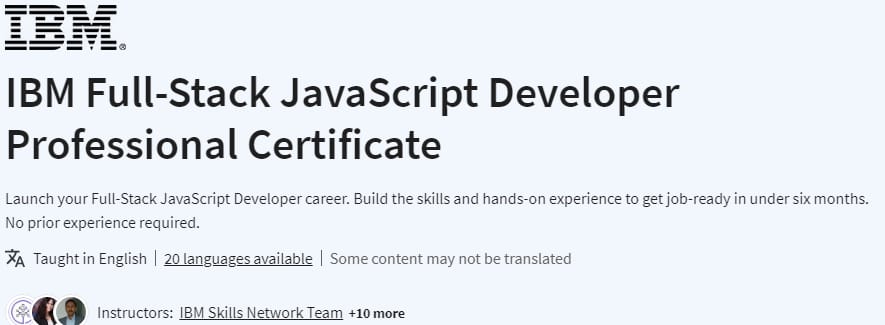 IBM Full-Stack JavaScript Developer Professional Certificate