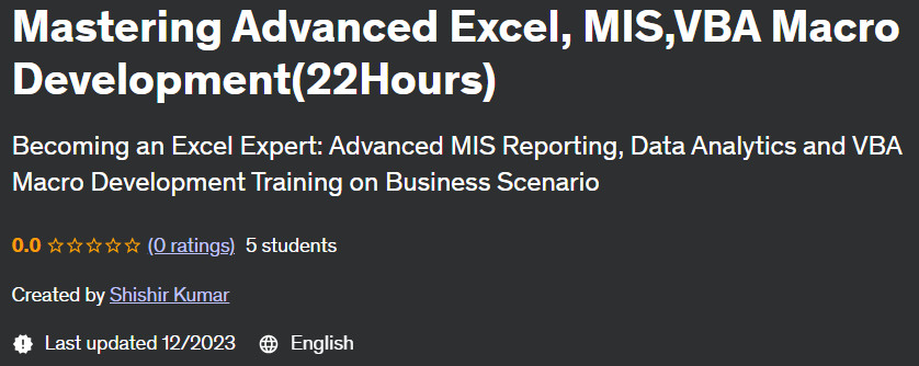 Mastering Advanced Excel MIS VBA Macro Development (22 Hours)