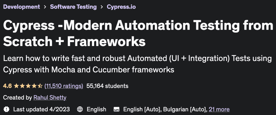 Cypress - Modern Automation Testing from Scratch + Frameworks