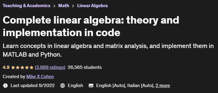 Complete linear algebra: theory and implementation in code