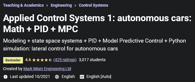 Applied Control Systems 1: autonomous cars: Math + PID + MPC