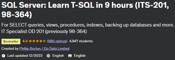 SQL Server: Learn T-SQL in 9 hours (ITS-201, 98-364)