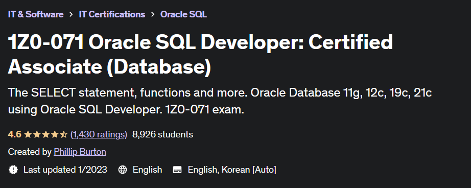 1Z0-071 Oracle SQL Developer: Certified Associate (Database)