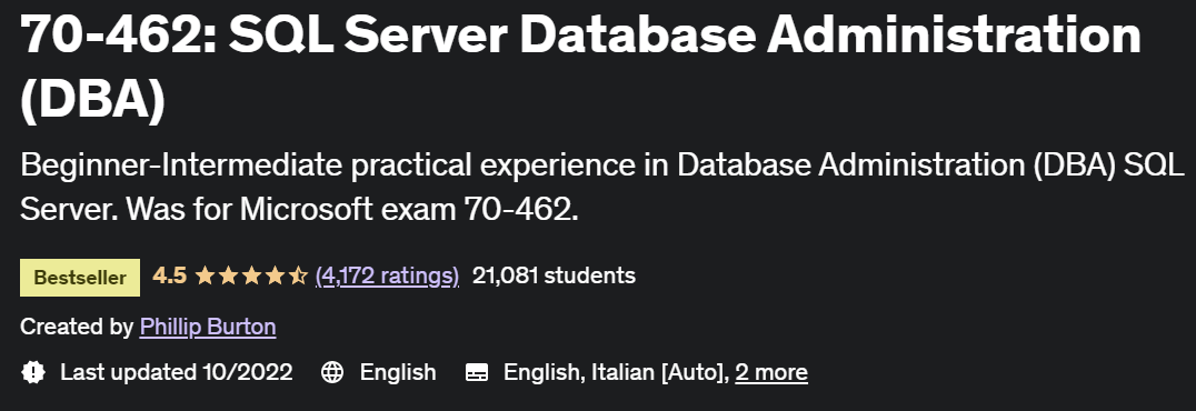 462-70: SQL Server Database Administration (DBA)