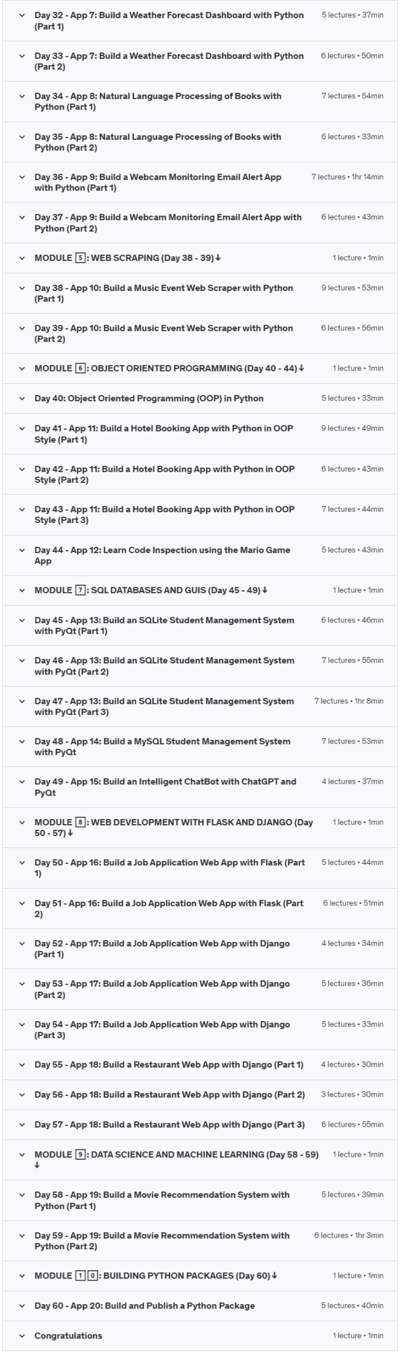 Python Mega Course: Learn Python in 60 Days, Build 20 Apps Content