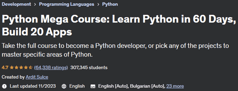 Python Mega Course: Learn Python in 60 Days, Build 20 Apps