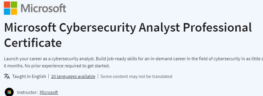 Microsoft Cybersecurity Analyst Professional Certificate