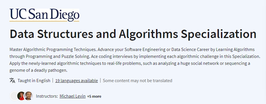 Data Structures and Algorithms Specialization 