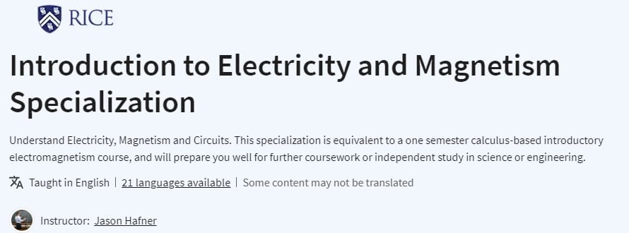 Introduction to Electricity and Magnetism Specialization