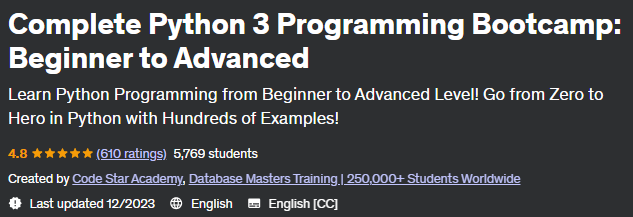 Complete Python 3 Programming Bootcamp: Beginner to Advanced