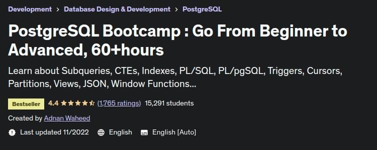 PostgreSQL Bootcamp: Go From Beginner to Advanced, 60+ hours