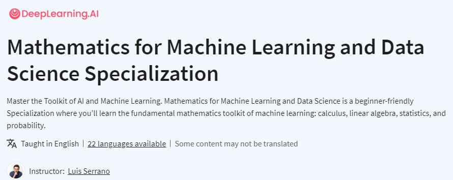 Mathematics for Machine Learning and Data Science Specialization