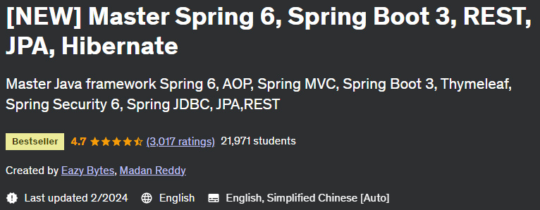 (NEW) Master Spring 6, Spring Boot 3, REST, JPA, Hibernate